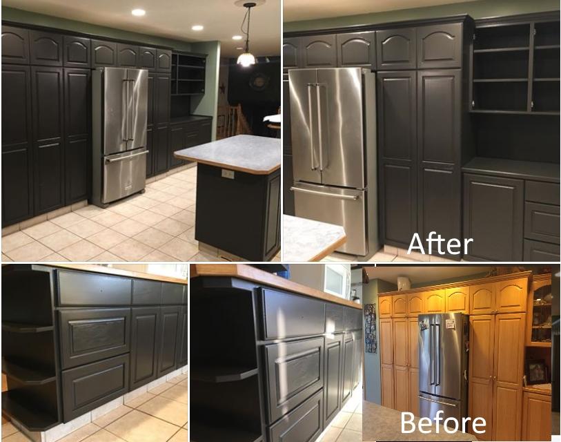 before after of PAINTING Guys oak cabinet painting