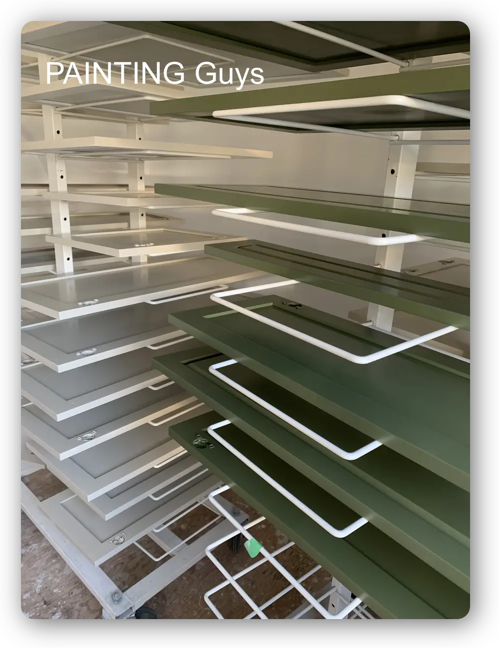 Old White and Bancha Green kitchen cabinets drying racks